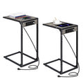 Set of 2 C-Shaped End Tables with Charging Station, Mobile Snack Tables for Sofa & Couch, Oak Grey Finish,