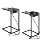 Set of 2 C-Shaped End Tables with Charging Station, Mobile Snack Tables for Sofa & Couch, Oak Grey Finish,