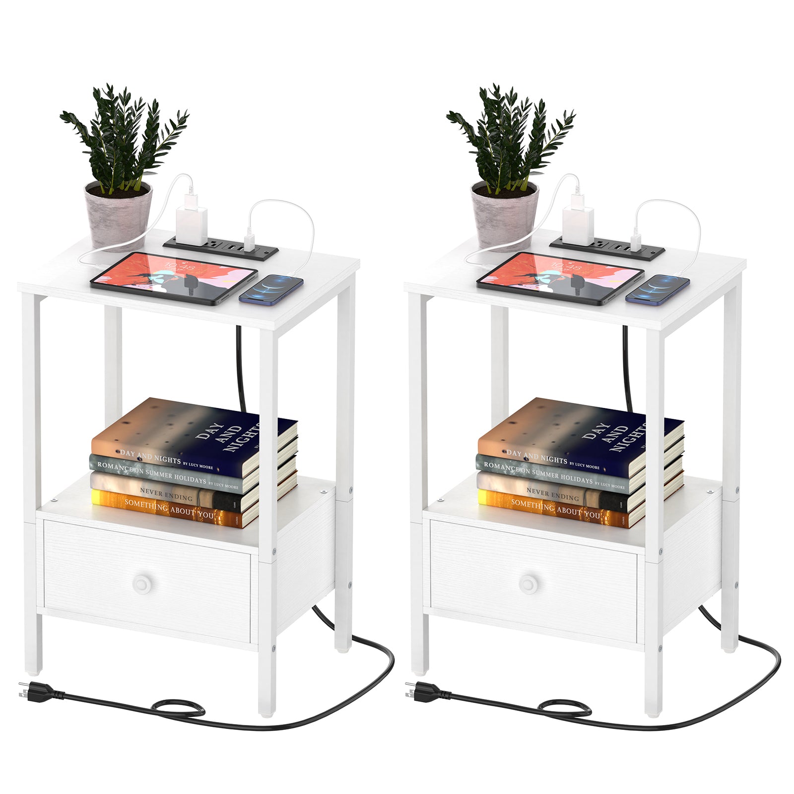Set of 2 Nightstands with Charging Station & Fabric Drawers, 24" H Gray Bedside Tables for Apartment & Small Bedroom,