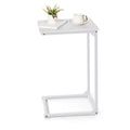 White C-Shaped End Table with Metal Frame, Bedside Snack Side Table for Laptop, Coffee & Living Room,