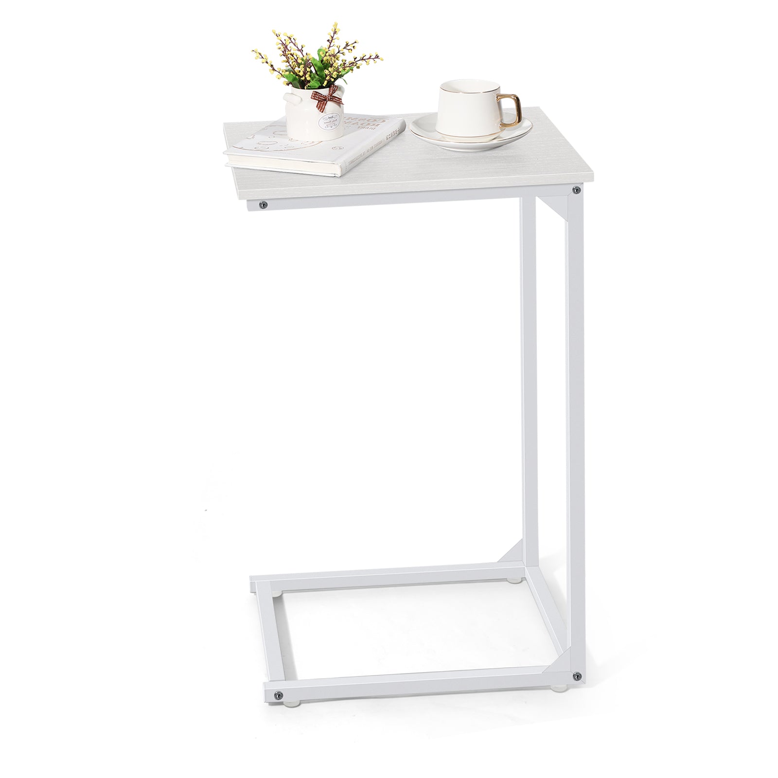 White C-Shaped End Table with Metal Frame, Bedside Snack Side Table for Laptop, Coffee & Living Room,