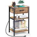 3-Tier Nightstand with Charging Station & Fabric Drawer, Rustic Brown Bedside Table for Living Room & Small Spaces,