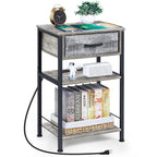 3-Tier Nightstand with Charging Station & Fabric Drawer, Rustic Brown Bedside Table for Living Room & Small Spaces,