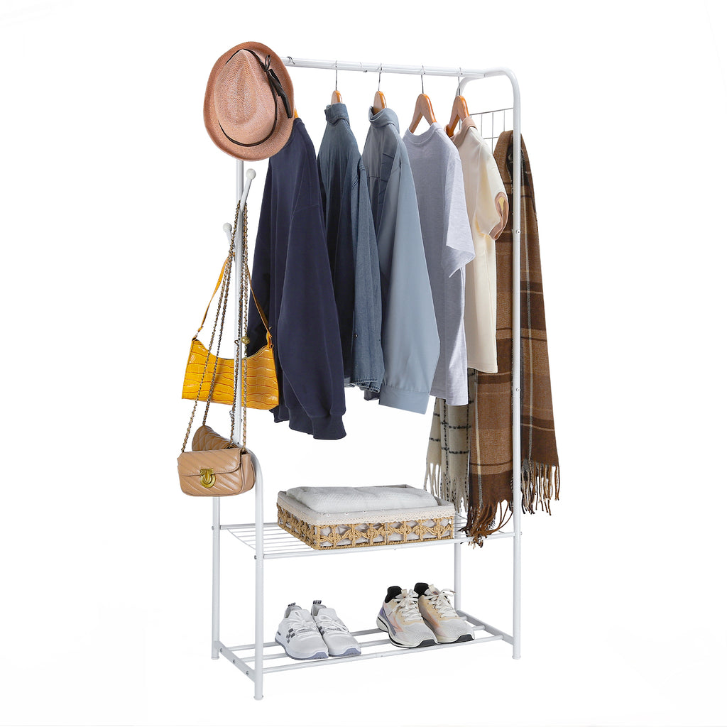 White Freestanding Coat Rack with 2-Tier Shoe Shelves, Metal Clothing Garment Rack for Bedroom & Entryway,