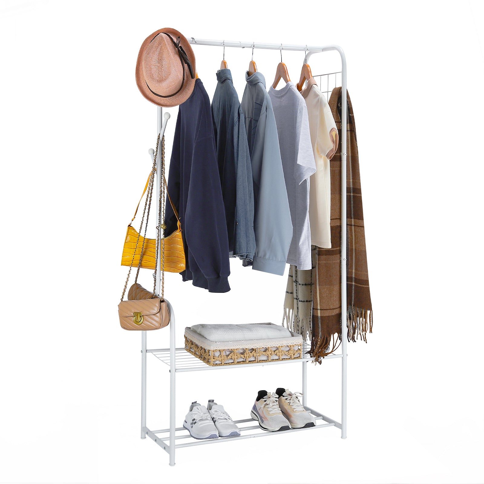 White Freestanding Coat Rack with 2-Tier Shoe Shelves, Metal Clothing Garment Rack for Bedroom & Entryway,