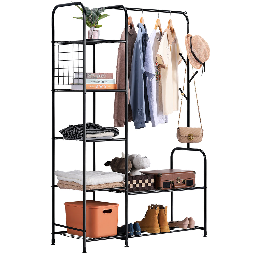 Black Coat Rack Freestanding Clothing Rack with 5-Tier Shelves & Shoe Storage, Heavy-Duty Garment Rack,