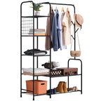 Black Coat Rack Freestanding Clothing Rack with 5-Tier Shelves & Shoe Storage, Heavy-Duty Garment Rack,