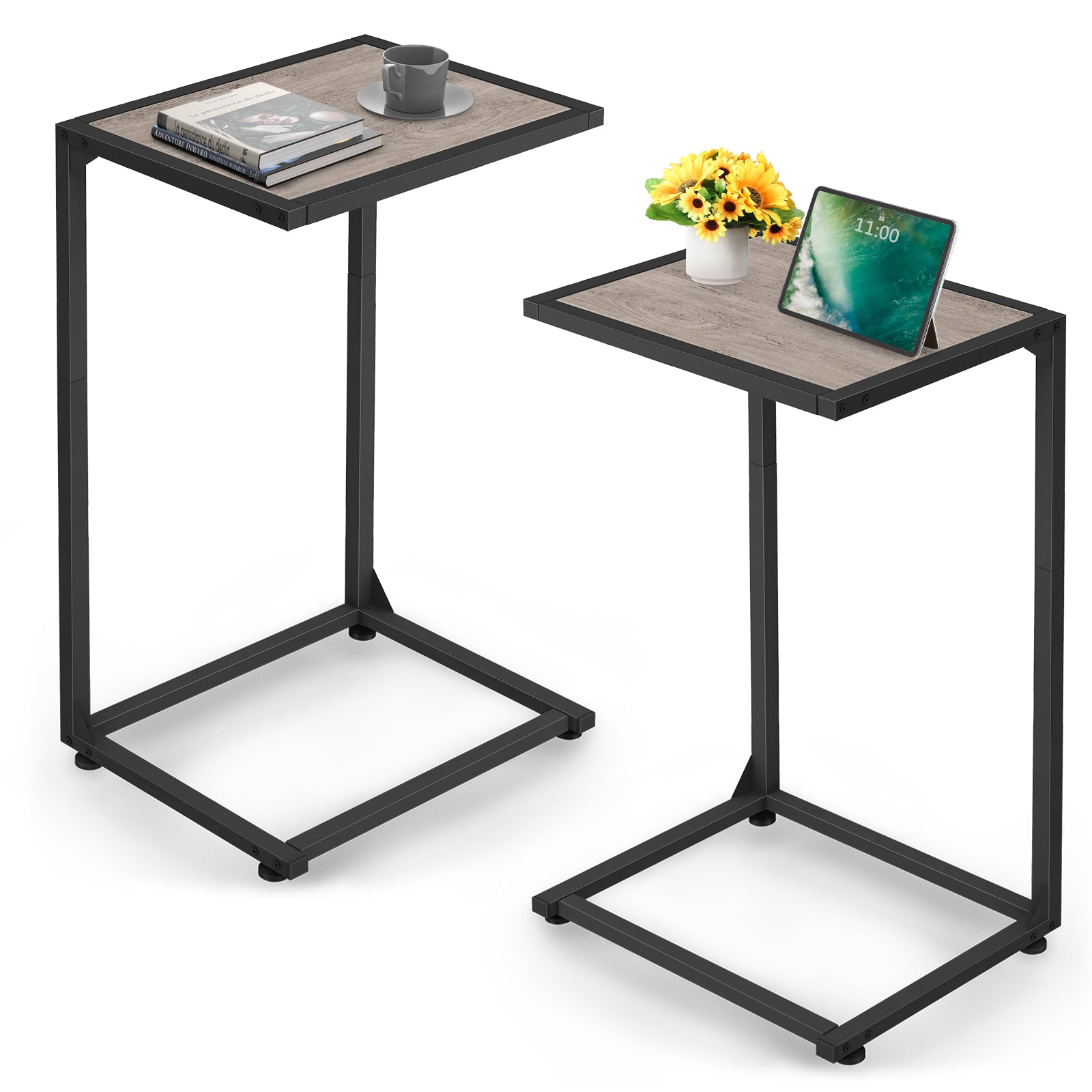 Set of 2 Black C-Shaped End Tables, Small Side Tables for Living Room & Bedroom, Industrial Snack Tables,