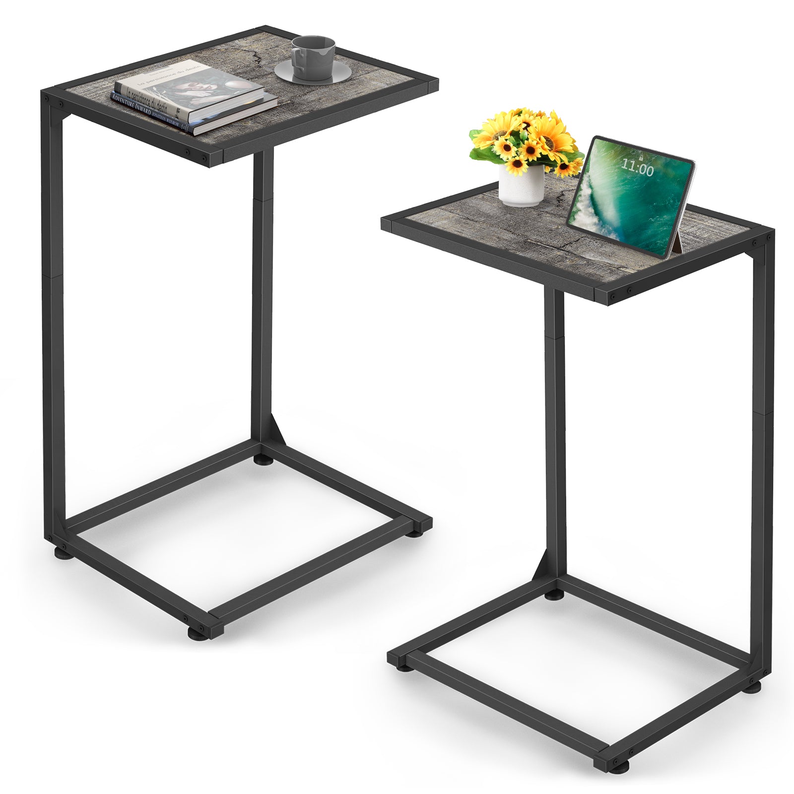 Set of 2 Black C-Shaped End Tables, Small Side Tables for Living Room & Bedroom, Industrial Snack Tables,