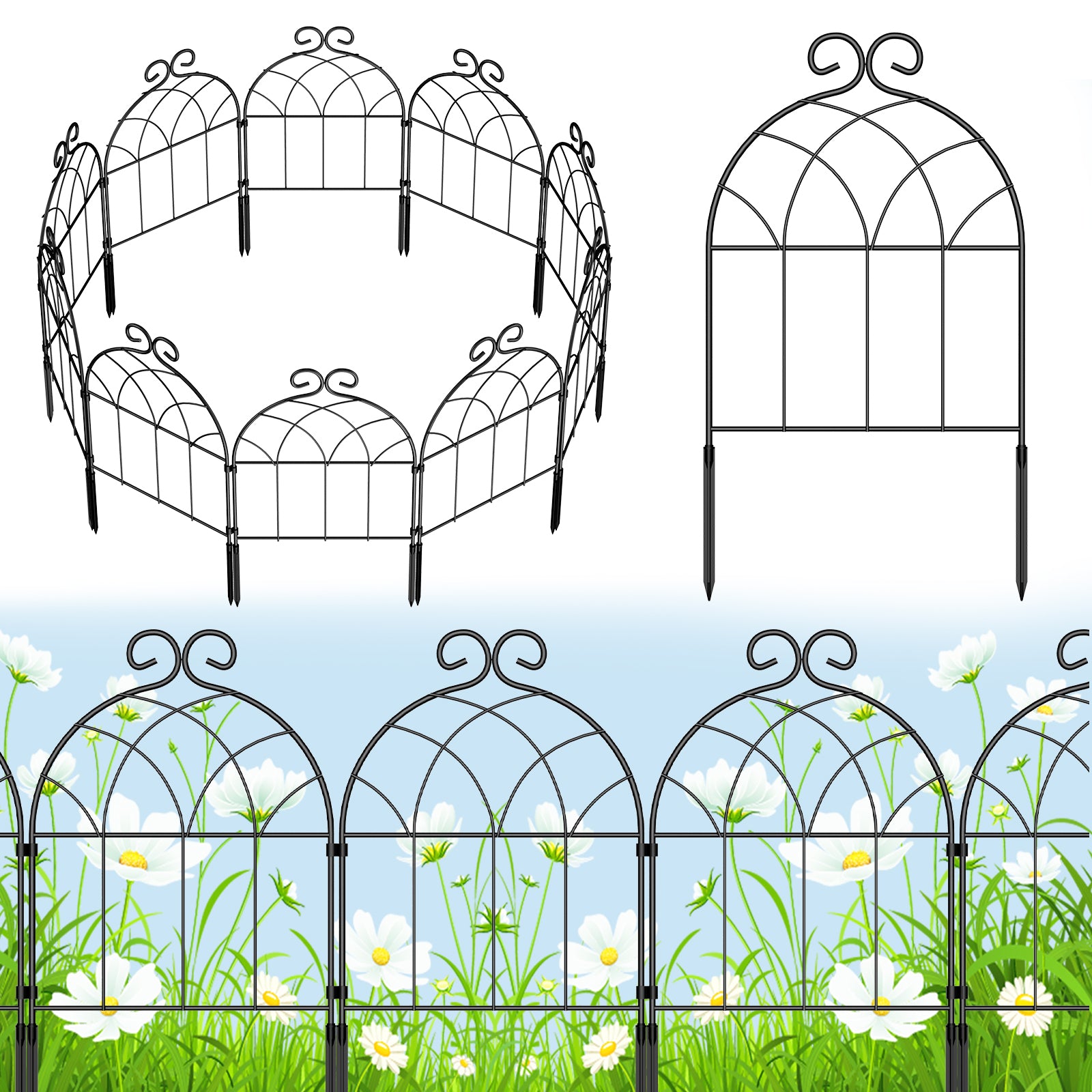 20-Piece Decorative Metal Garden Fence, Interlocking Flower Bed Edging Border, White Retro Design