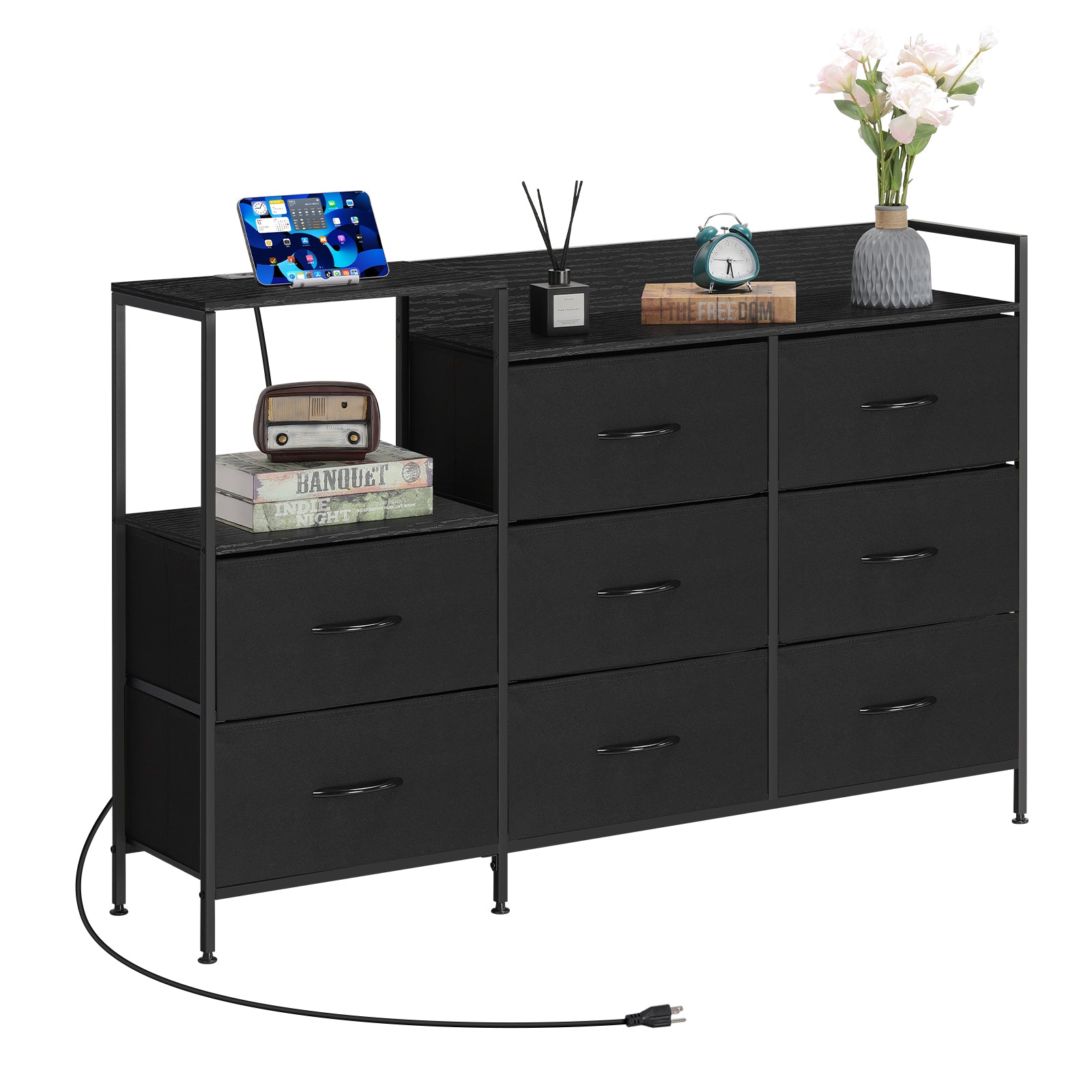 52-Inch Extra Wide Dresser with 8 Drawers & Charging Station, TV Stand for Bedroom with Fabric Storage Bins,
