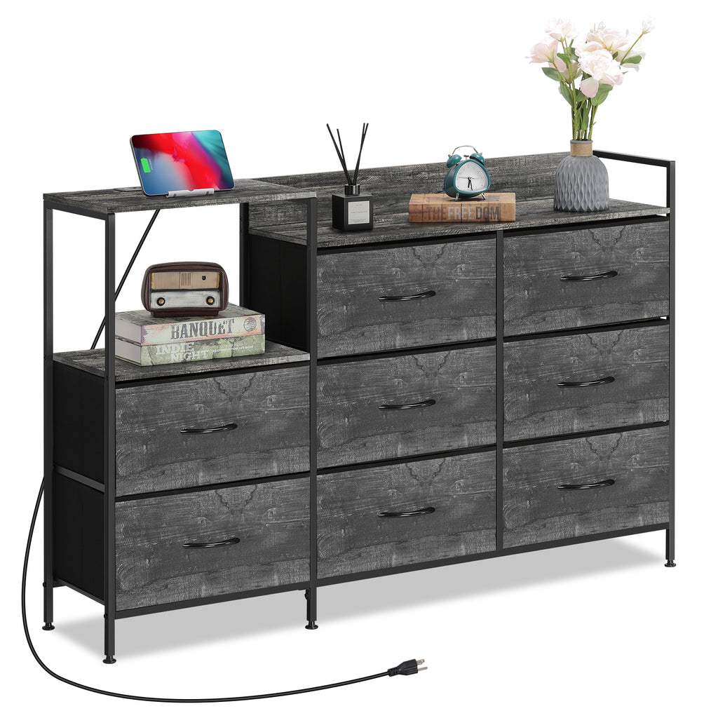 52-Inch Extra Wide Dresser with 8 Drawers & Charging Station, TV Stand for Bedroom with Fabric Storage Bins,