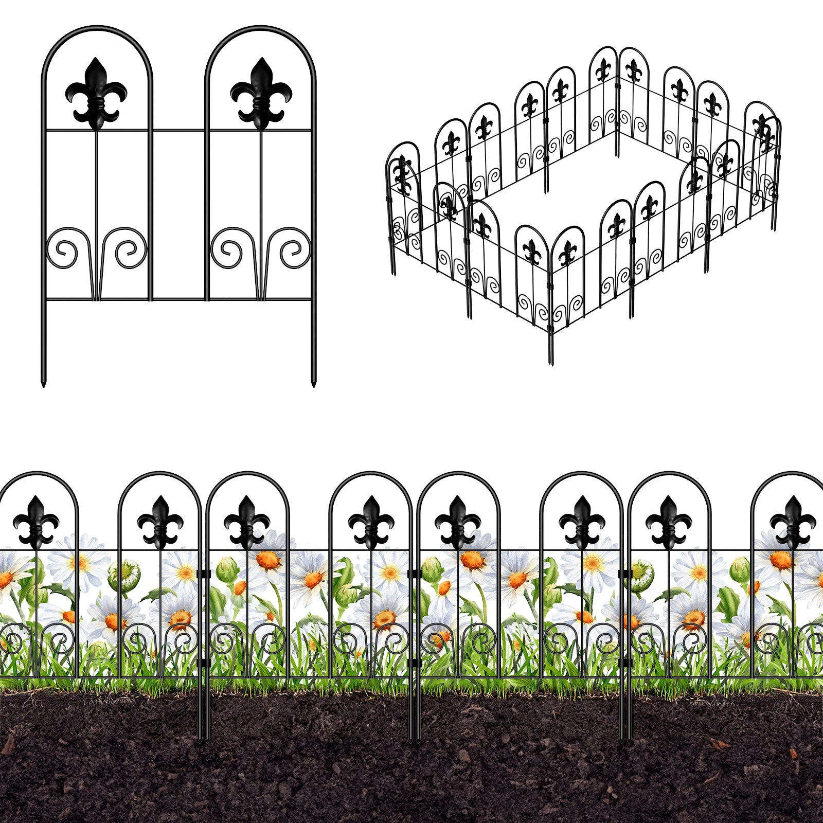 20-Pack Decorative Garden Fence, 16.5"H Fleur-de-lis Animal Barrier for Patio & Yard, Rustproof Metal Wire,
