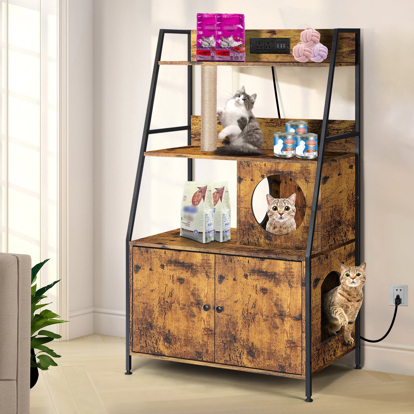 Hidden Cat Litter Box Enclosure with Charging Station, Large Wood Pet House Furniture with Storage Shelves and Entry Hole, Rustic Brown,