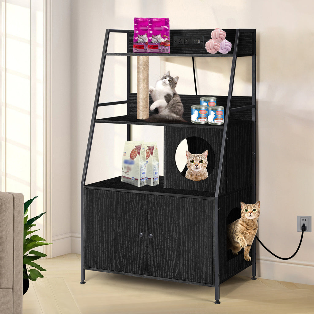 Hidden Cat Litter Box Enclosure with Charging Station, Large Wood Pet House Furniture with Storage Shelves and Entry Hole, Rustic Brown,