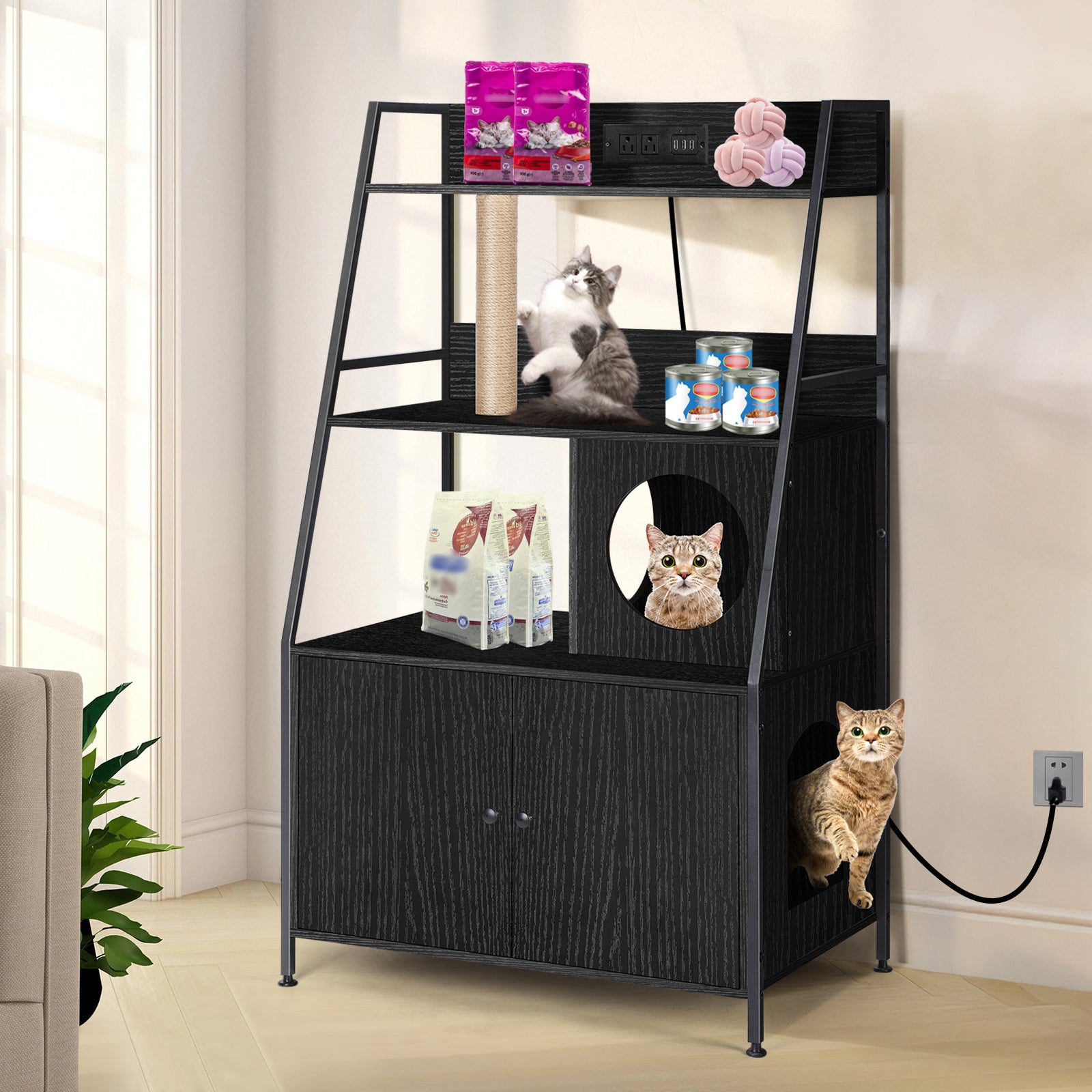 Hidden Cat Litter Box Enclosure with Charging Station, Large Wood Pet House Furniture with Storage Shelves and Entry Hole, Rustic Brown,