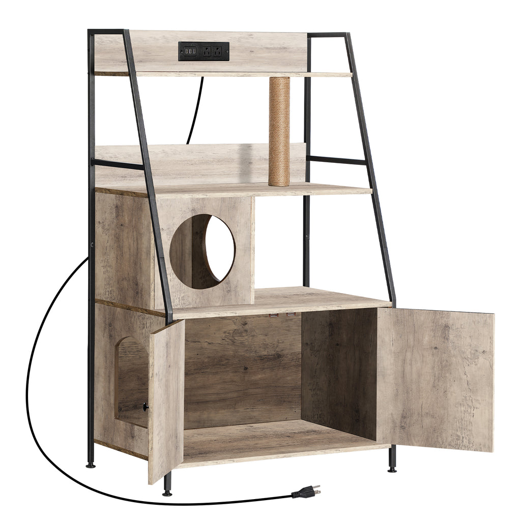 Hidden Cat Litter Box Enclosure with Charging Station, Large Wood Pet House Furniture with Storage Shelves and Entry Hole, Rustic Brown,