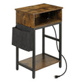 End Table with Charging Station & Fabric Storage Bag - Narrow Nightstand for Living Room and Bedroom