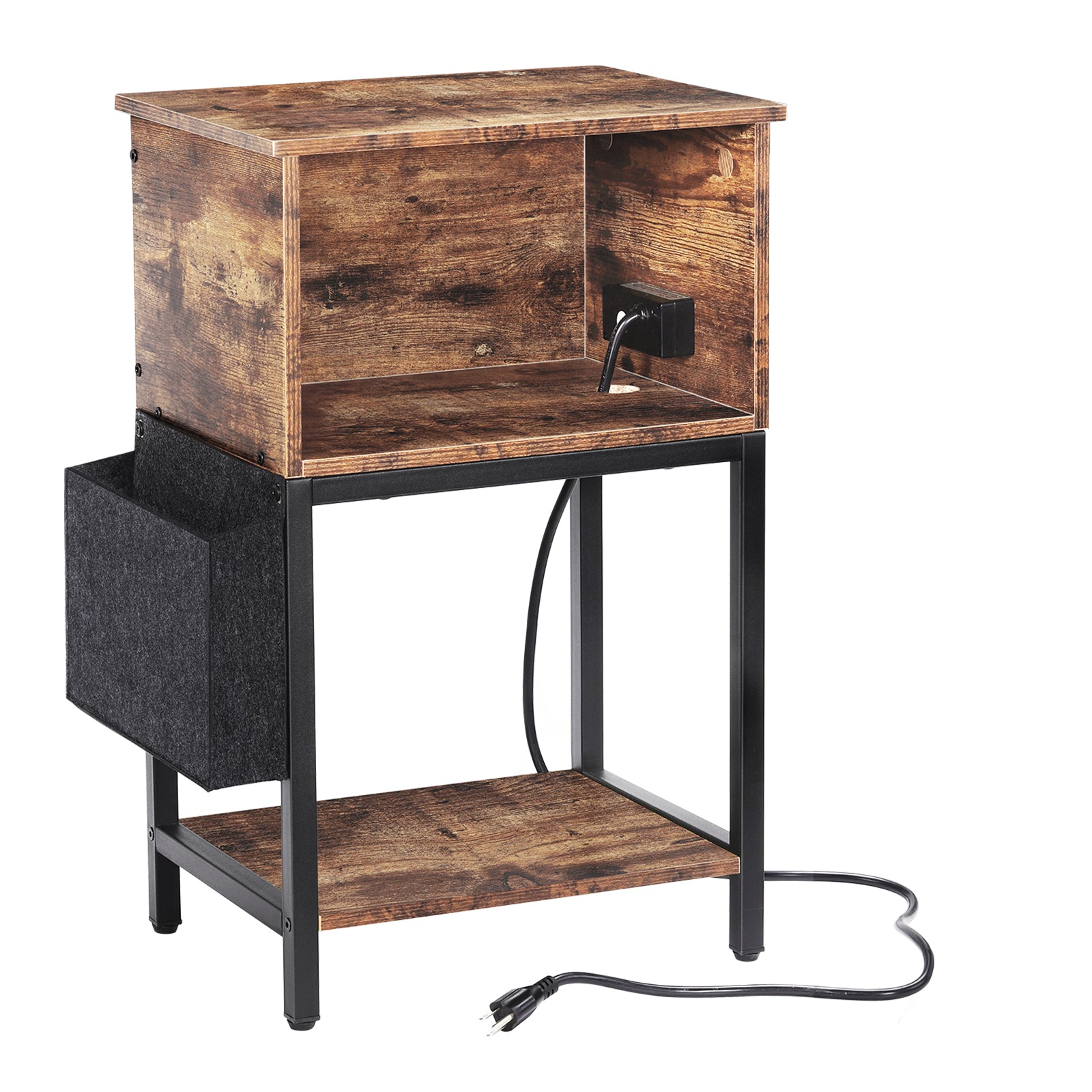 Wide End Table with Charging Station & Storage Pocket - Industrial Sofa Side Table for Living Room