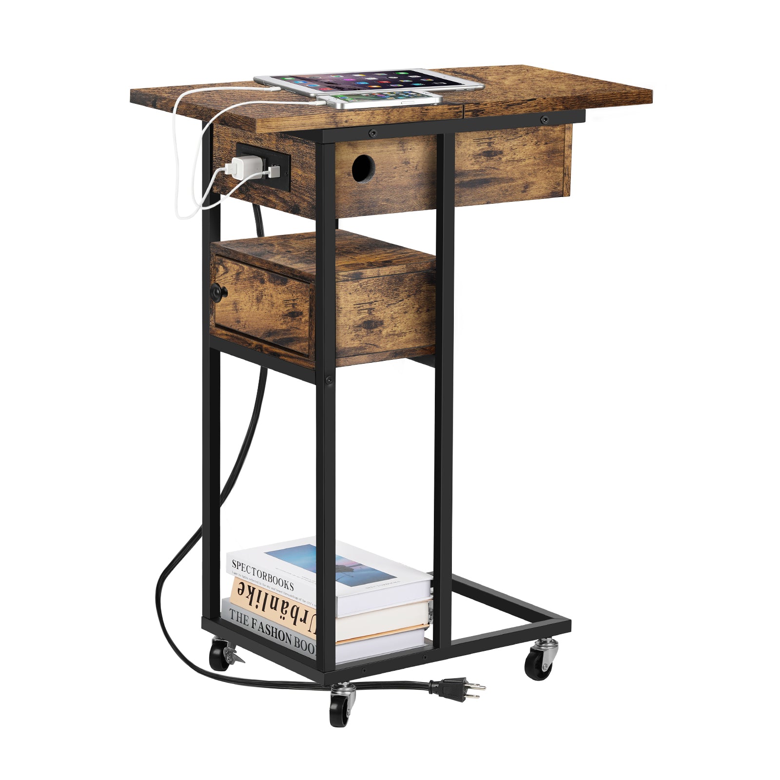 C-Shaped End Table with Drawer & Charging Station - Space-Saving Snack Table for Couch & Bed
