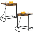 Set of 2 C-Shaped Side Tables with Wheels & Charging - Mobile Snack Trays for Couch, Industrial Brown