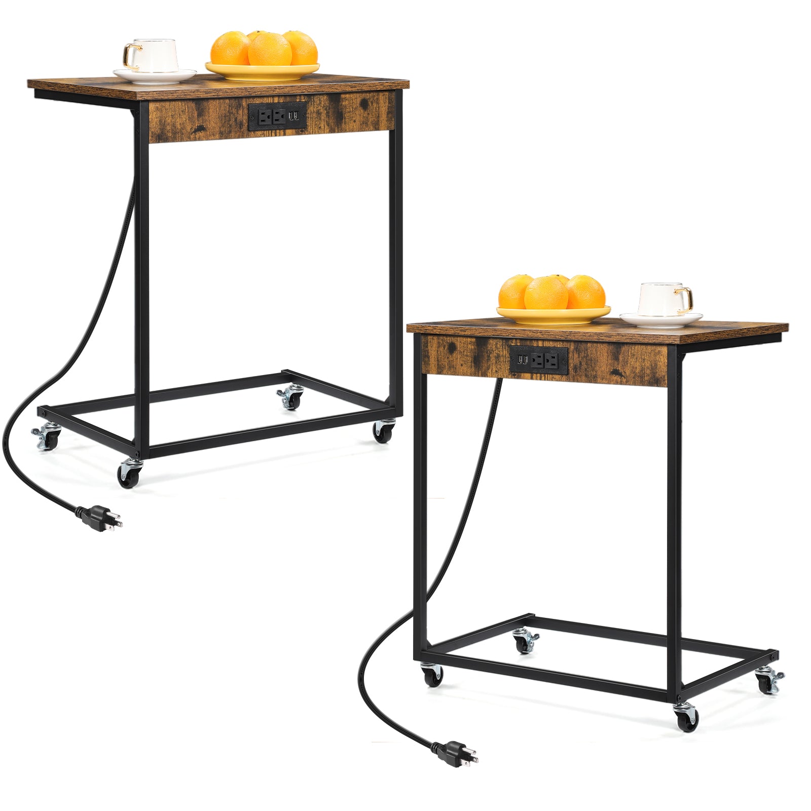 Set of 2 C-Shaped Side Tables with Wheels & Charging - Mobile Snack Trays for Couch, Industrial Brown