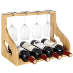 Bamboo Tabletop Wine and Stemware Organizer - Holds 4 Bottles and 4 Long-Stemmed Glasses - Countertop Storage Rack for Home and Kitchen Decor