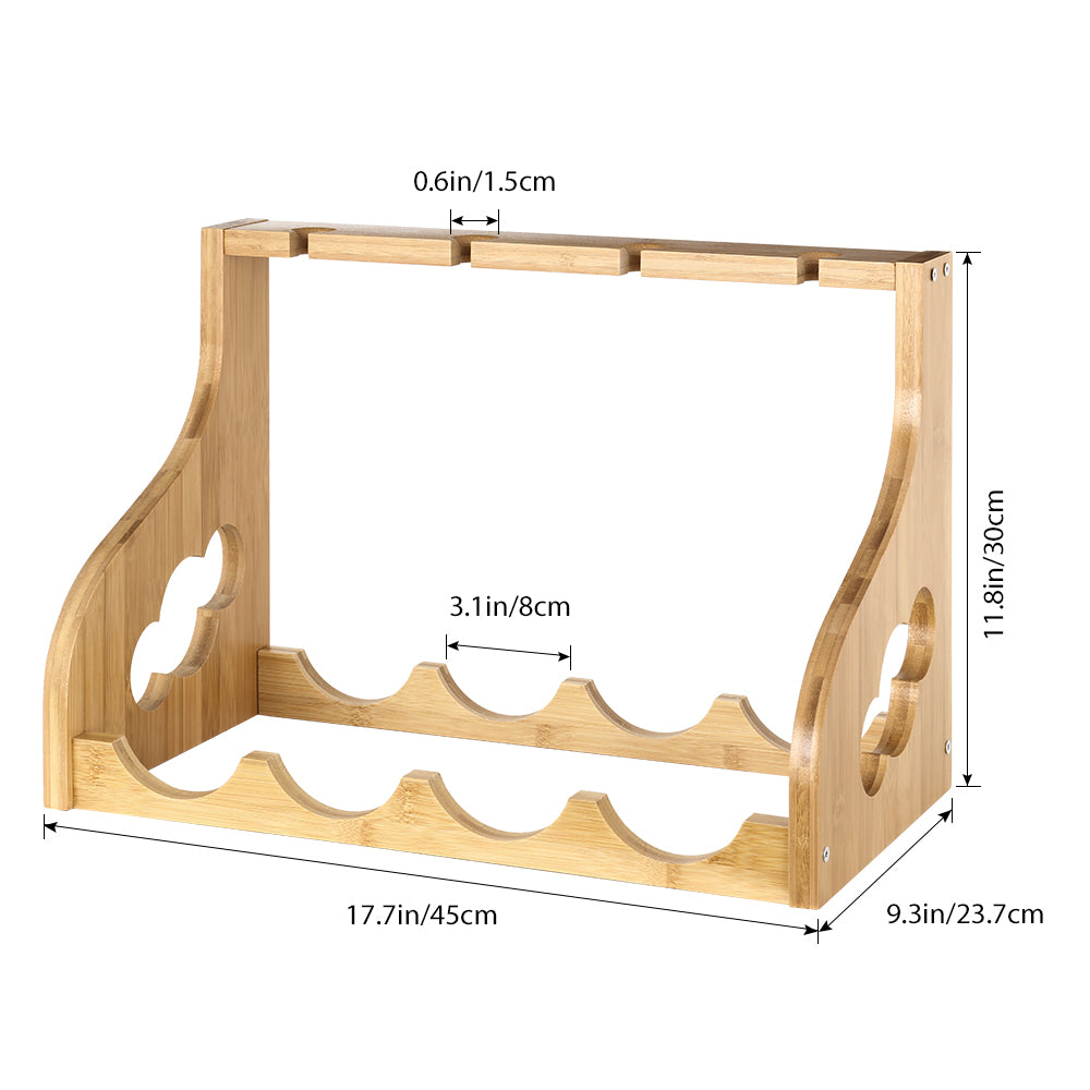 Bamboo Tabletop Wine and Stemware Organizer - Holds 4 Bottles and 4 Long-Stemmed Glasses - Countertop Storage Rack for Home and Kitchen Decor