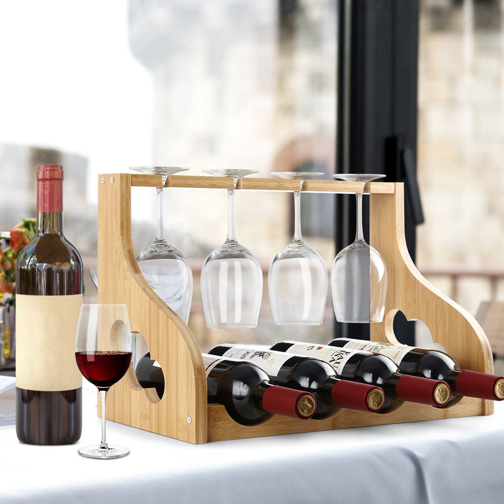 Bamboo Tabletop Wine and Stemware Organizer - Holds 4 Bottles and 4 Long-Stemmed Glasses - Countertop Storage Rack for Home and Kitchen Decor
