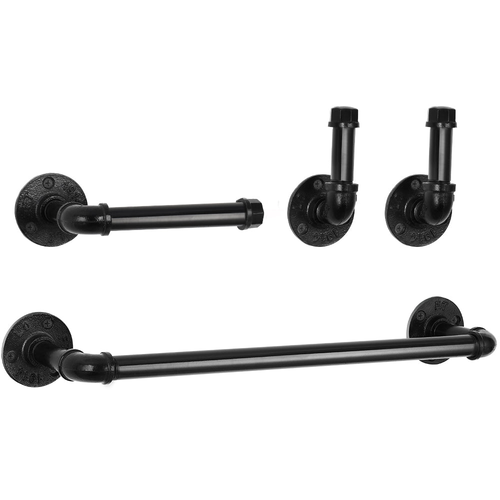 4-Piece Industrial Pipe Bathroom Hardware Set, Wall Mounted Towel Bar and Toilet Paper Holder, Rustic Black Metal Accessories for Farmhouse,