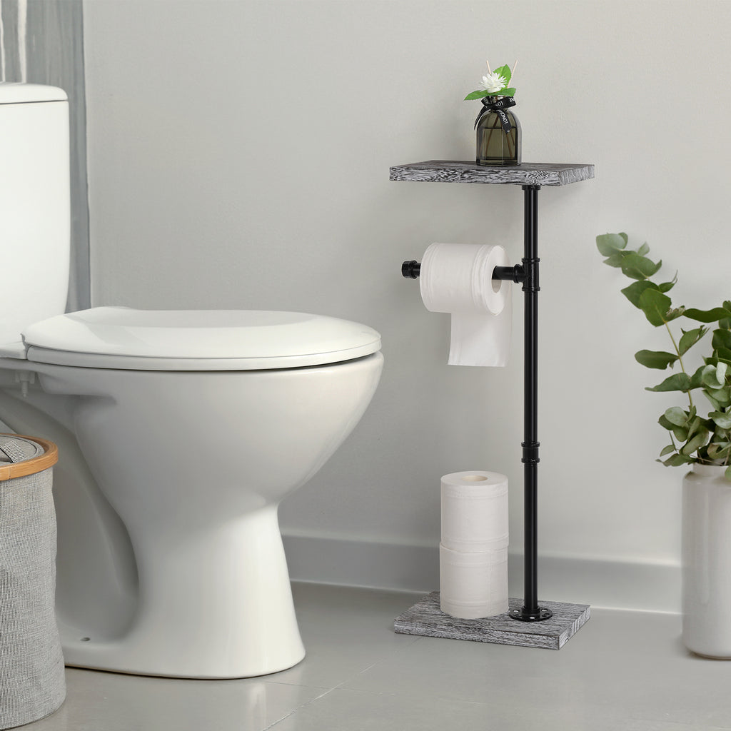 Free Standing Toilet Paper Holder Stand with Wood Shelf, Industrial Pipe Tissue Dispenser with Storage Base for Bathroom, Rustic Gray,