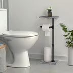 Free Standing Toilet Paper Holder Stand with Wood Shelf, Industrial Pipe Tissue Dispenser with Storage Base for Bathroom, Rustic Gray,