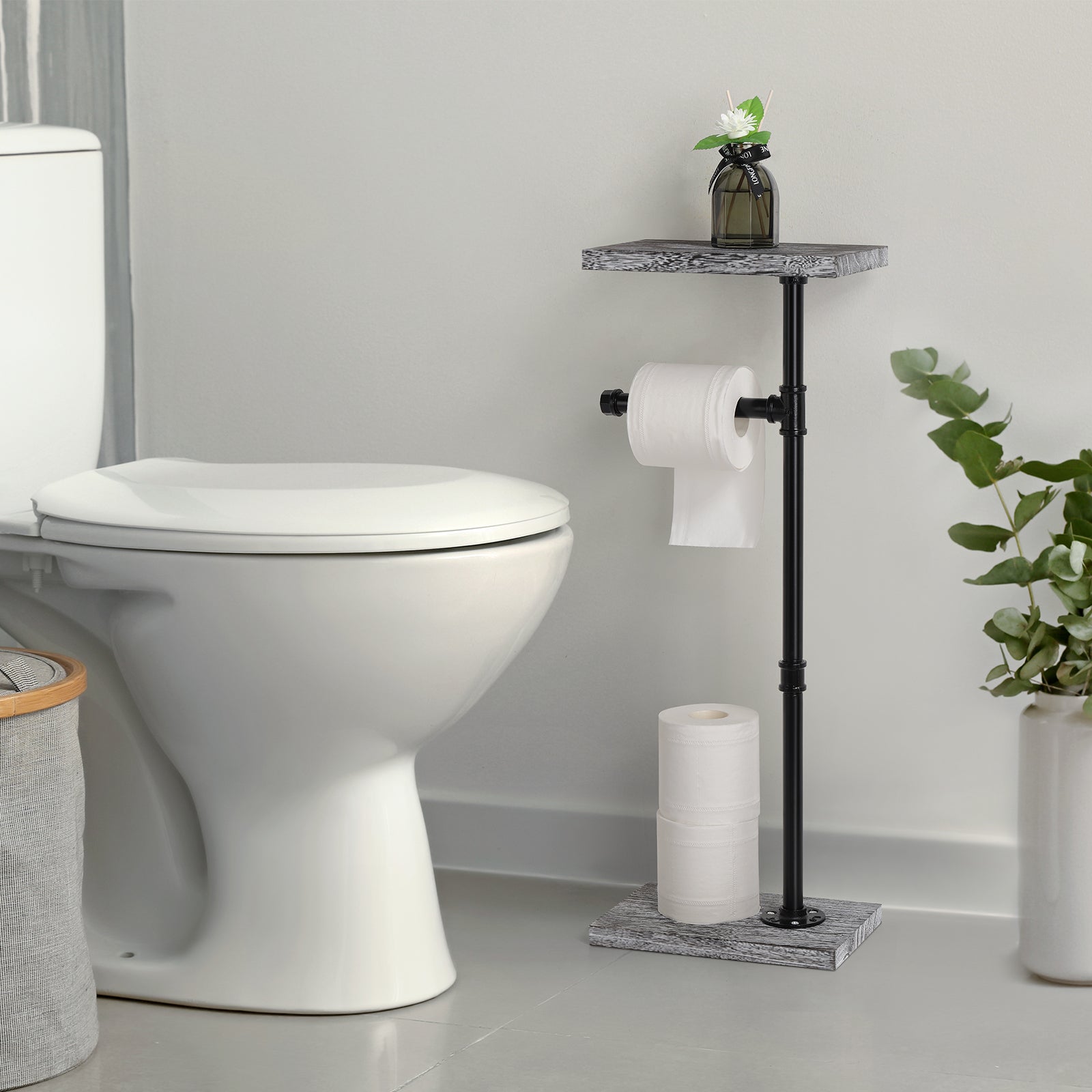 Free Standing Toilet Paper Holder Stand with Wood Shelf, Industrial Pipe Tissue Dispenser with Storage Base for Bathroom, Rustic Gray,