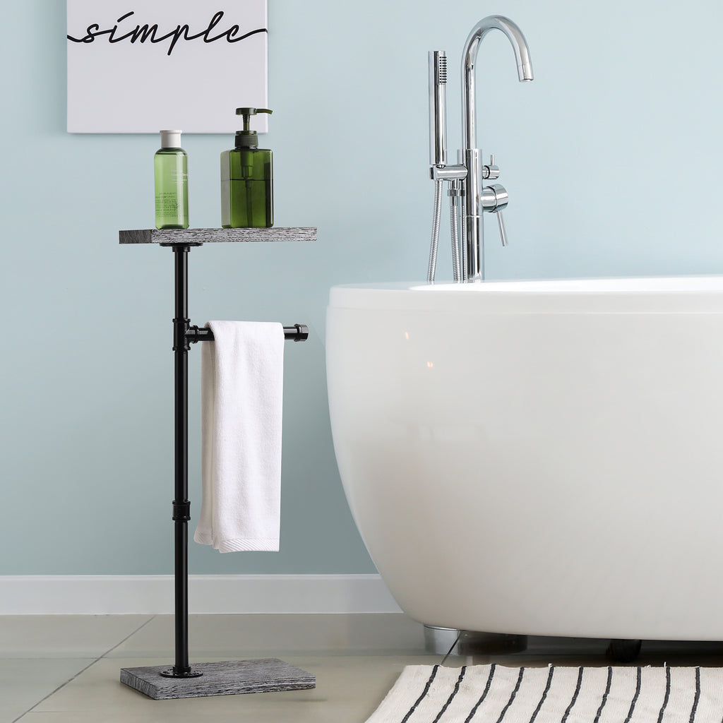 Free Standing Toilet Paper Holder Stand with Wood Shelf, Industrial Pipe Tissue Dispenser with Storage Base for Bathroom, Rustic Gray,