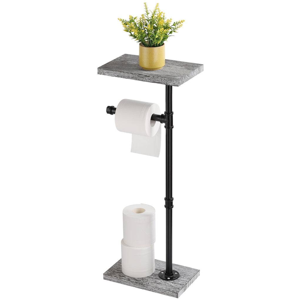 Free Standing Toilet Paper Holder Stand with Wood Shelf, Industrial Pipe Tissue Dispenser with Storage Base for Bathroom, Rustic Gray,