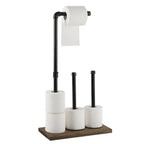 Rustic Toilet Paper Holder Stand with Wood Base, Double Roll Dispenser and Storage, Free Standing Pipe Tissue Holder for Farmhouse Bathroom,