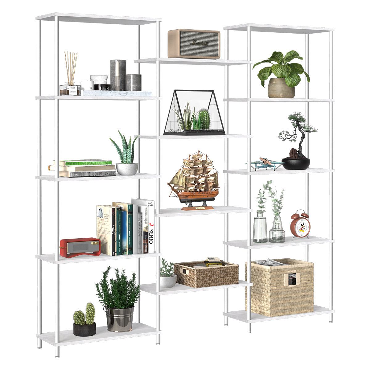 Modern 5-Tier Bookshelf and Display Rack, Tall Minimalist Storage Organizer for Living Room and Office, White Metal Frame,