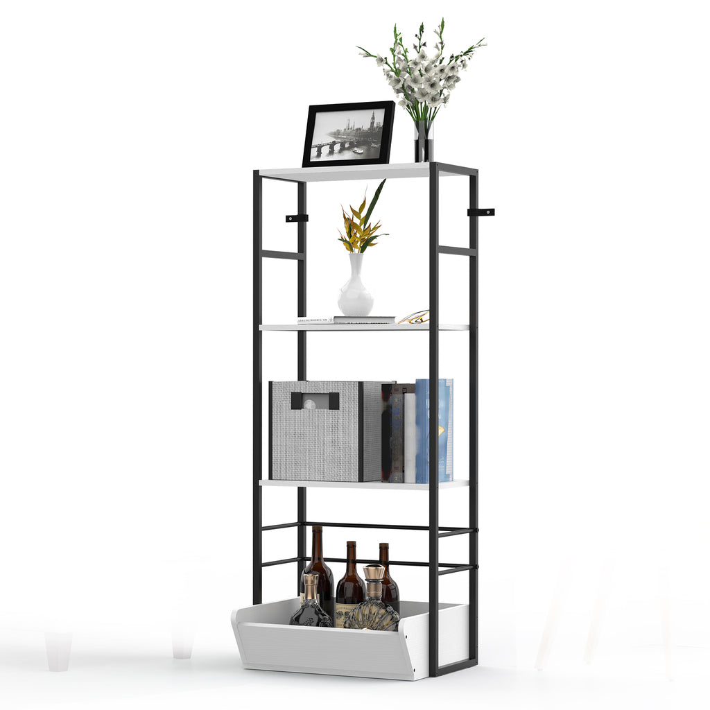 4-Tier White Bookshelf with Storage Bin, Modern Toy Organizer and Display Shelf for Kids Room, Bedroom and Home Office,