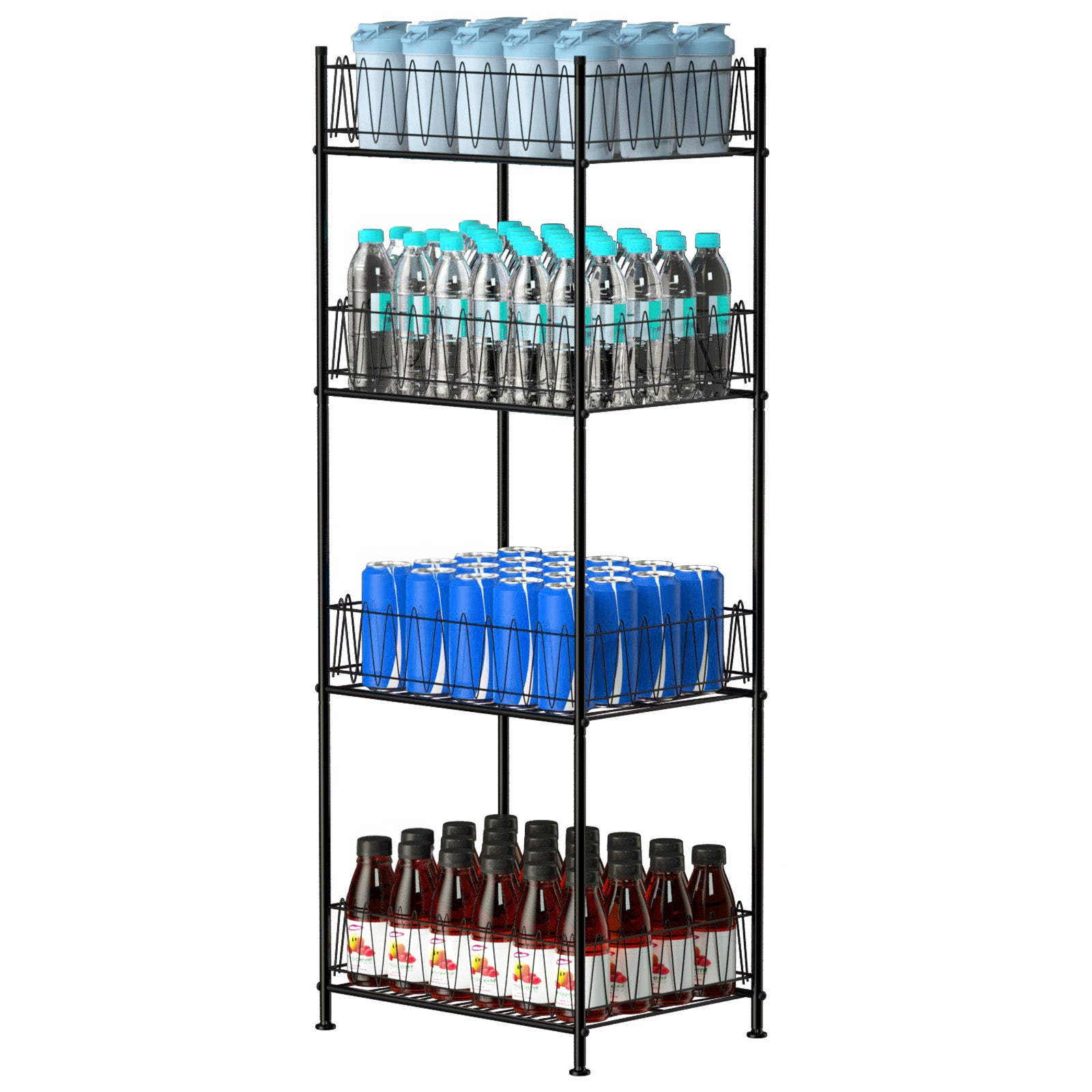 4-Tier Water Bottle Holder & Drink Can Shelf Organizer - Freestanding Vertical Storage, Silver