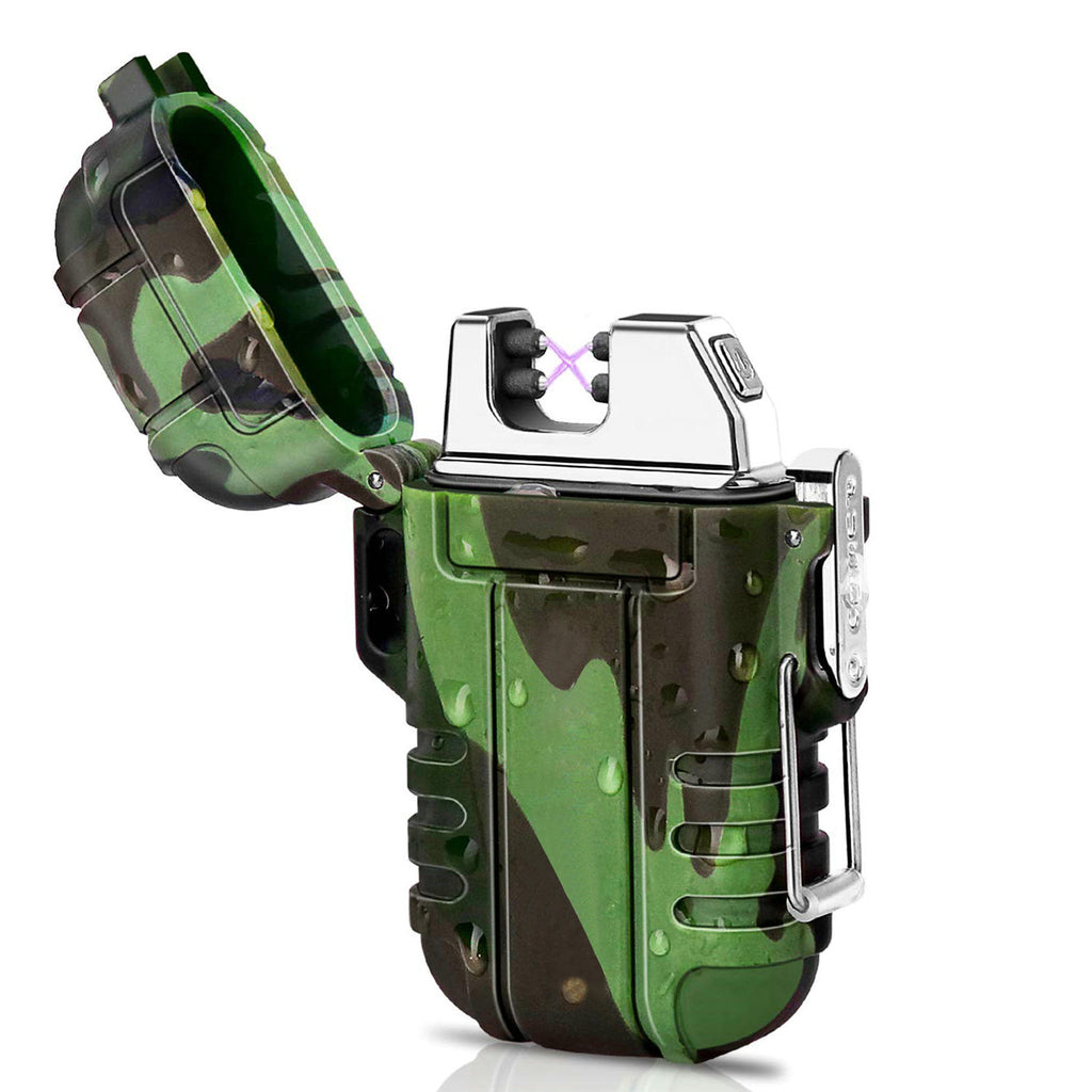 Waterproof Dual Arc Plasma Lighter, USB Rechargeable Windproof Electric Lighter for Camping, Survival, and Outdoor Hiking, Camo,