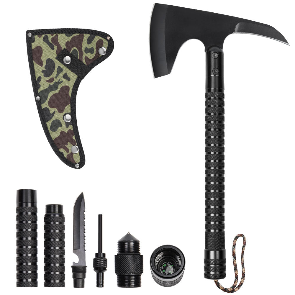 Tactical Camping Axe with Sickle & Survival Tools, Folding Portable Hatchet with Compass and Flint, Multitool for Hiking and Hunting,