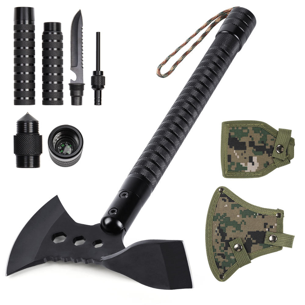 Professional Camping Axe with Multi-Tool Handle, Tactical Black Hatchet for Survival, Wood Chopping, and Outdoor Adventure,