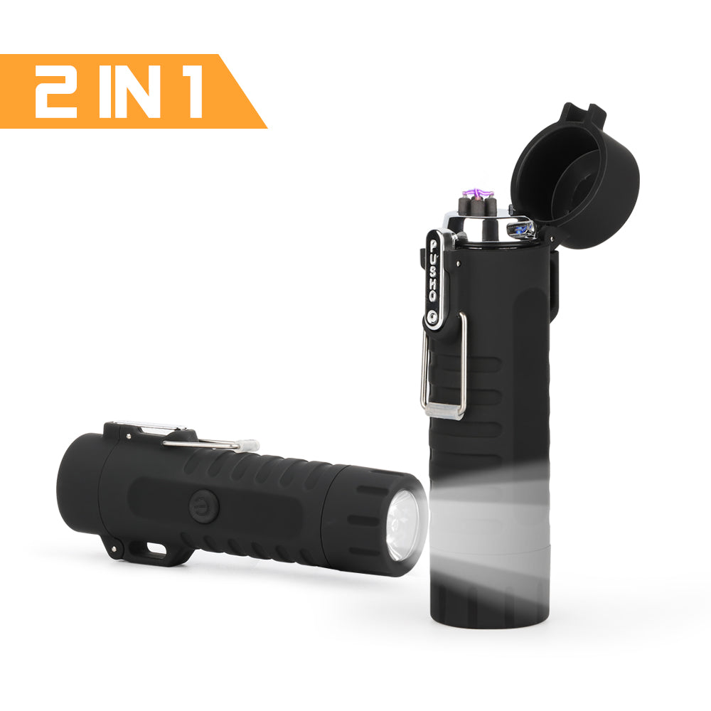 2-in-1 Electric Arc Lighter & LED Flashlight, USB Rechargeable Windproof Plasma Lighter for Camping, Candles, and Emergency Fire,