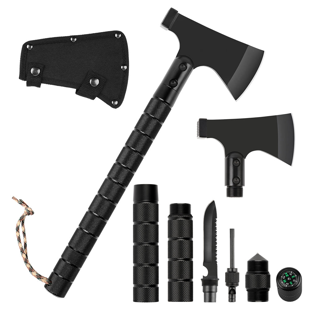 Survival Camping Axe Multi-Tool Set, Tactical Throwing Hatchet with Hammer, Whistle, and Flint for Hiking and Outdoor Adventure,