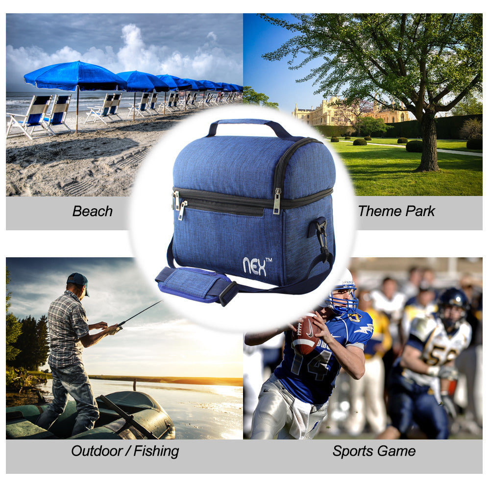Large Double-Layer Insulated Lunch Tote, Expandable Cooler Bag with Adjustable Shoulder Strap for Travel, Office, and School, Blue,