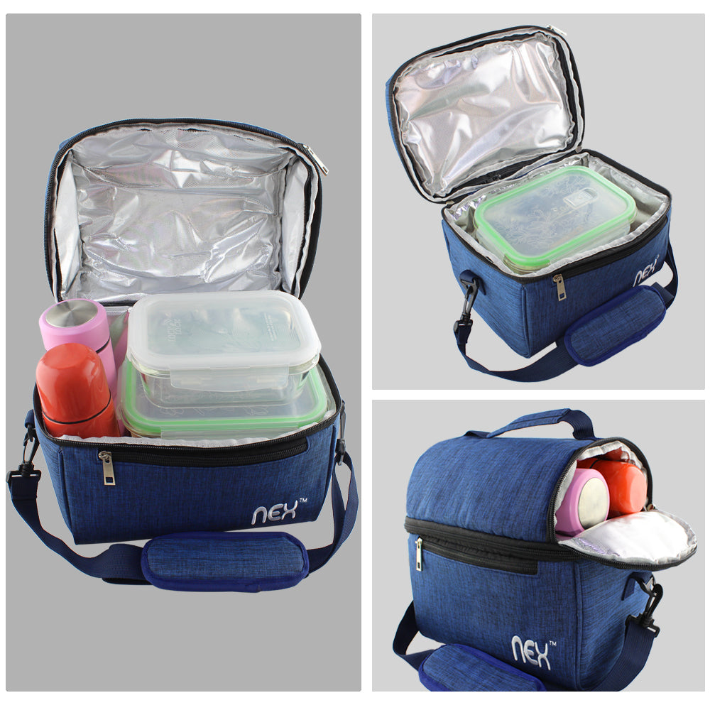 Large Double-Layer Insulated Lunch Tote, Expandable Cooler Bag with Adjustable Shoulder Strap for Travel, Office, and School, Blue,