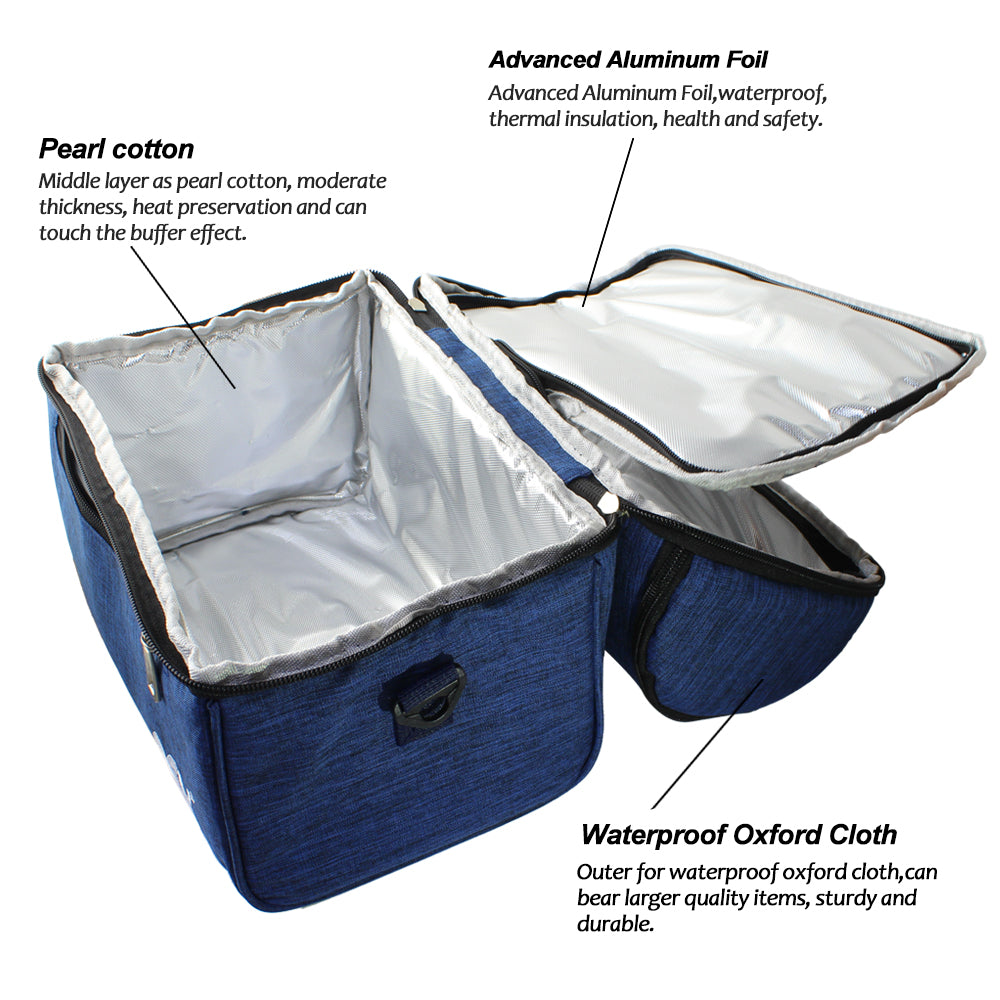 Large Double-Layer Insulated Lunch Tote, Expandable Cooler Bag with Adjustable Shoulder Strap for Travel, Office, and School, Blue,