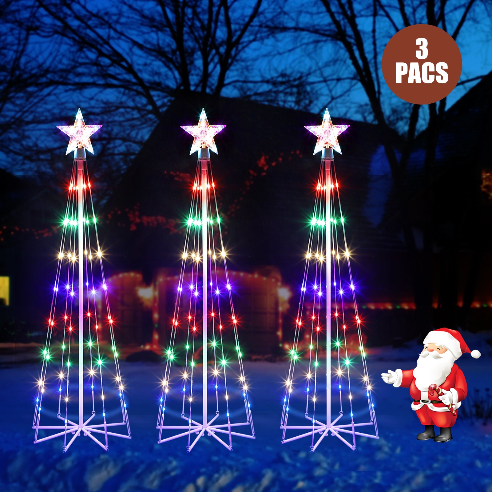 3-Pack 4ft RGB Color Changing Christmas Trees, Smart Cone Trees with Star Topper, Indoor/Outdoor Glowing Holiday Decor,