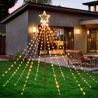 Outdoor Christmas Star Tree Light, 11-Foot Waterfall String Lights with Topper Star for Yard and Party Decorations, Warm White,