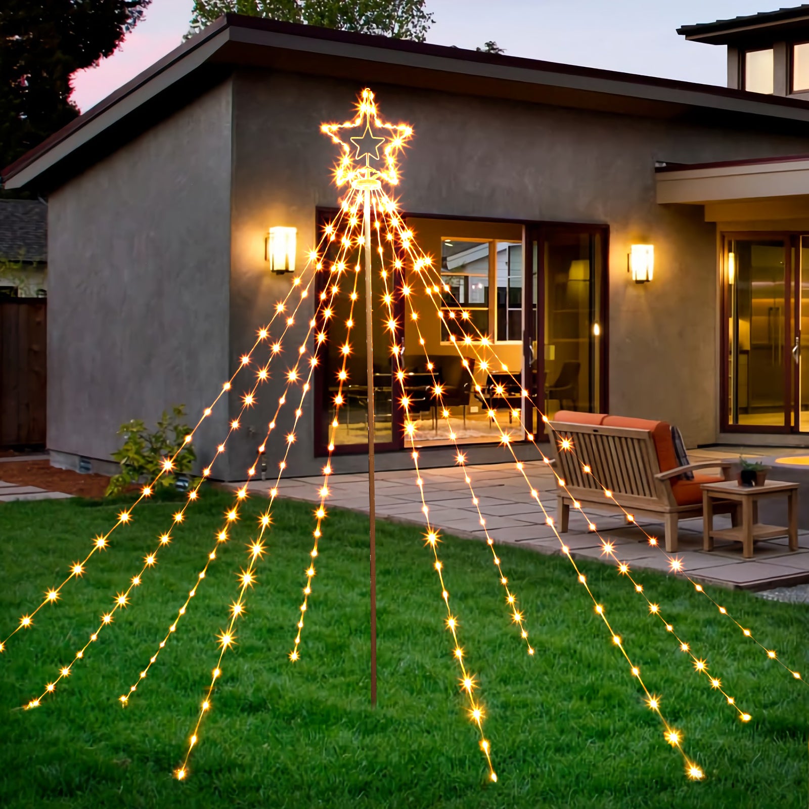 Outdoor Christmas Star Tree Light, 11-Foot Waterfall String Lights with Topper Star for Yard and Party Decorations, Warm White,